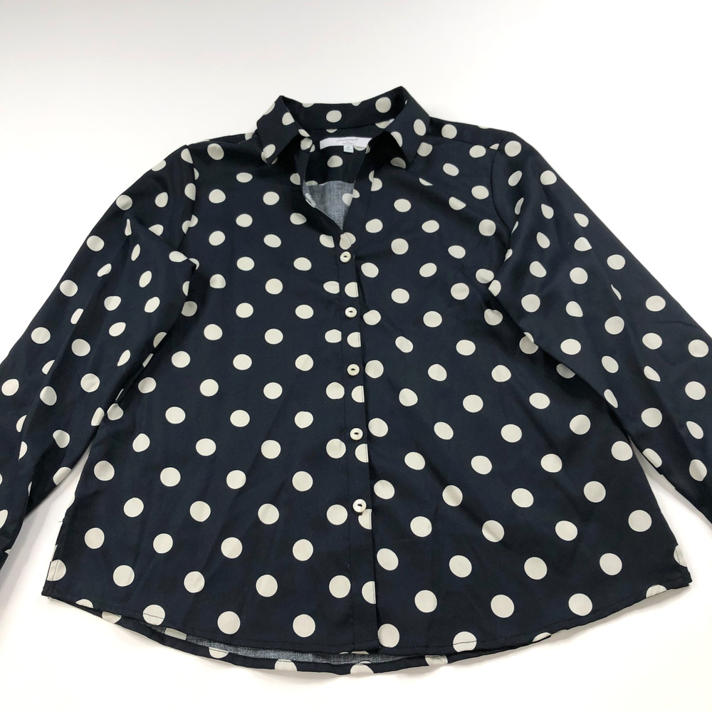 Foxcroft 8p Petite Non Iron Shaped Button Long Sleeve Shirt Polka Dot Black MINT